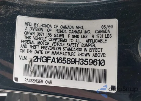 2009 Honda Civic Lx z USA, uszkodzony, nr VIN 2HGFA16589H359610